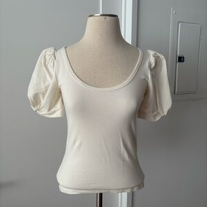 Reformation Frances Short Puff Sleeve Knit Top Tee Shirt size S Cream Ivory